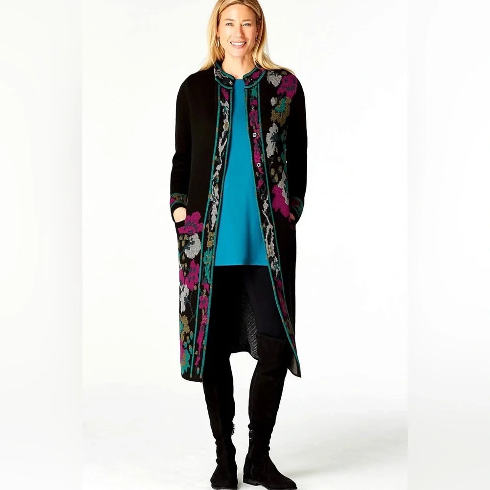 J. Jill Luxurious Black Multi Floral Jacquard Topper Size Medium